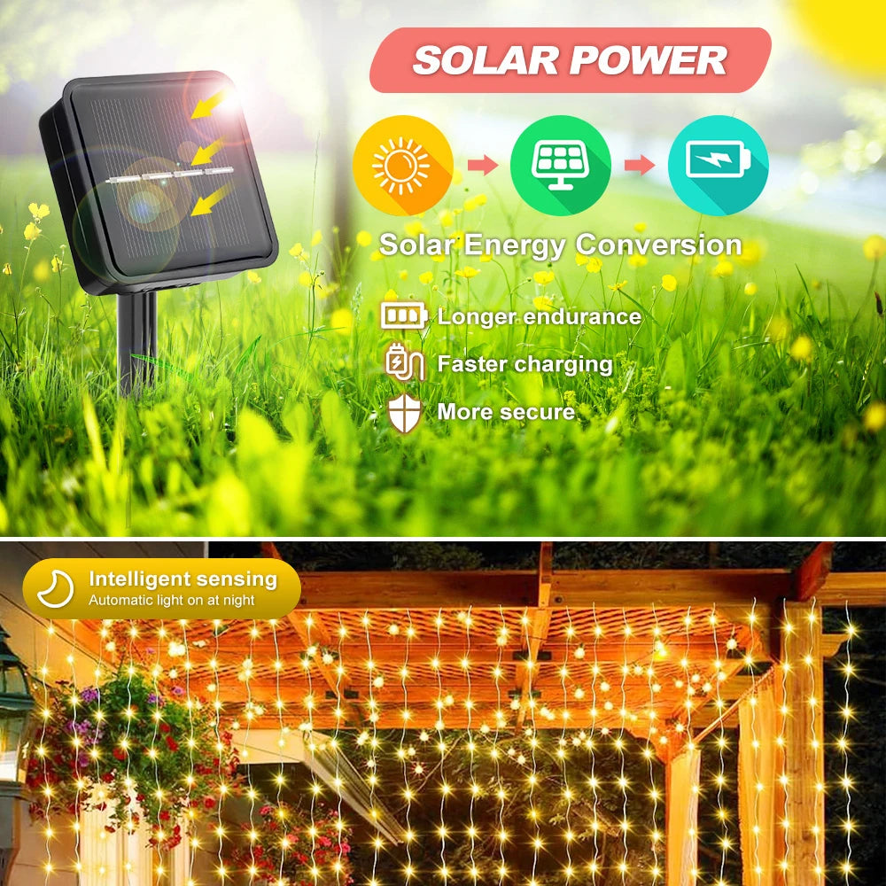 300 LED Solar Curtain Lights – Outdoor Waterproof Fairy Lights(8 modes)